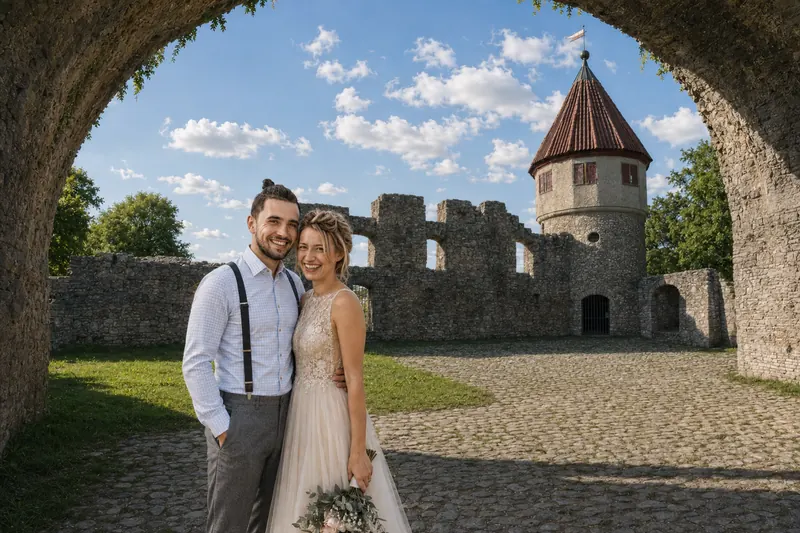 Brautpaar bei den Hochzeitsfotos an der Burgruine Honberg in Tuttlingen
