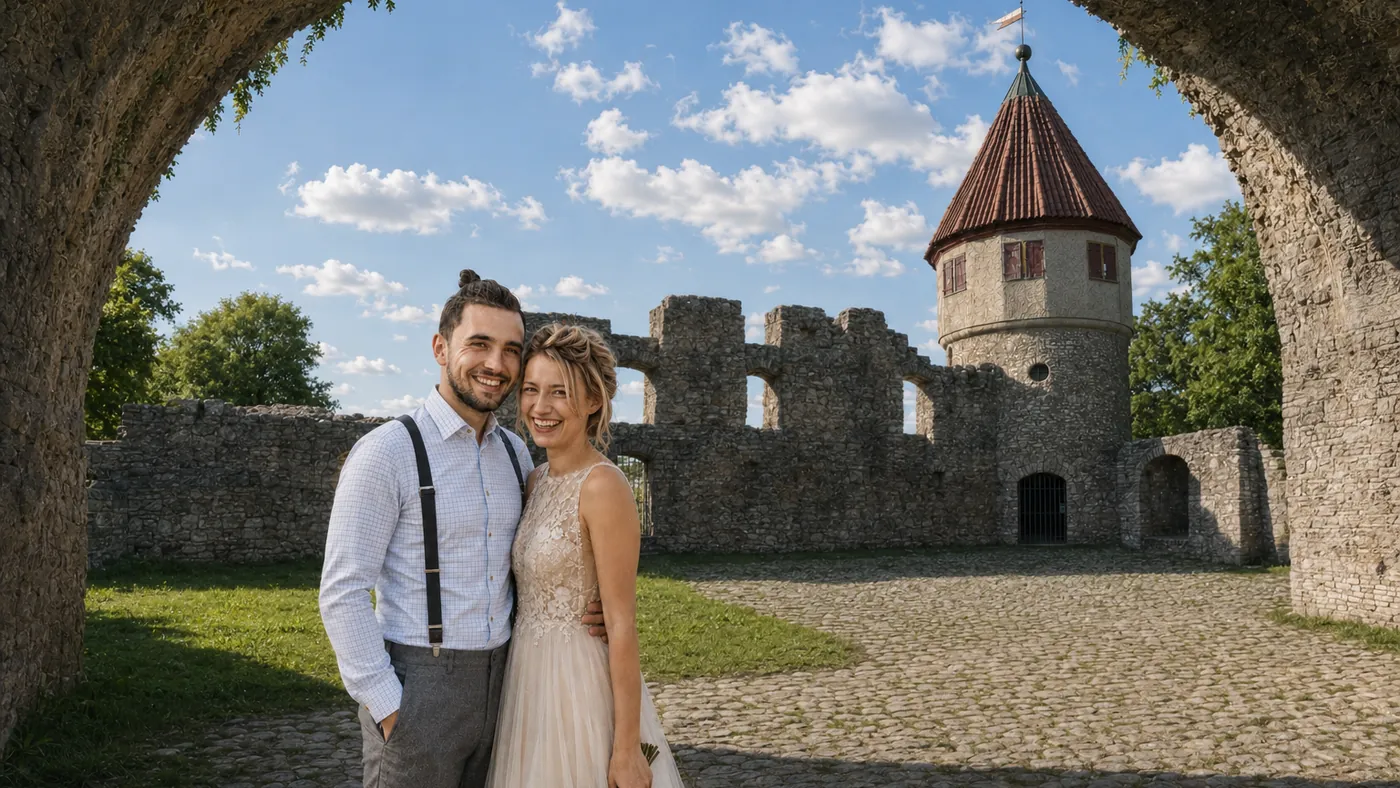 Brautpaar bei den Hochzeitsfotos unter dem Torbogen der Burgruine Honberg in Tuttlingen, dahinter der runde Turm mit rotem Dach