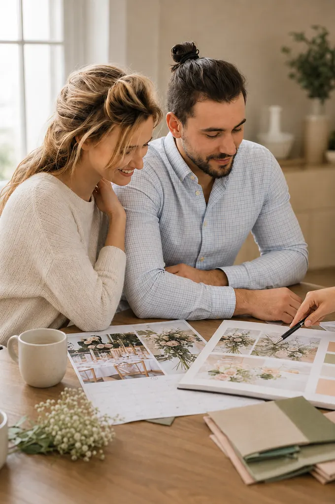 Paar plant gemeinsam am Tisch die Hochzeit mit Moodboards, Farbmustern und Kalender
