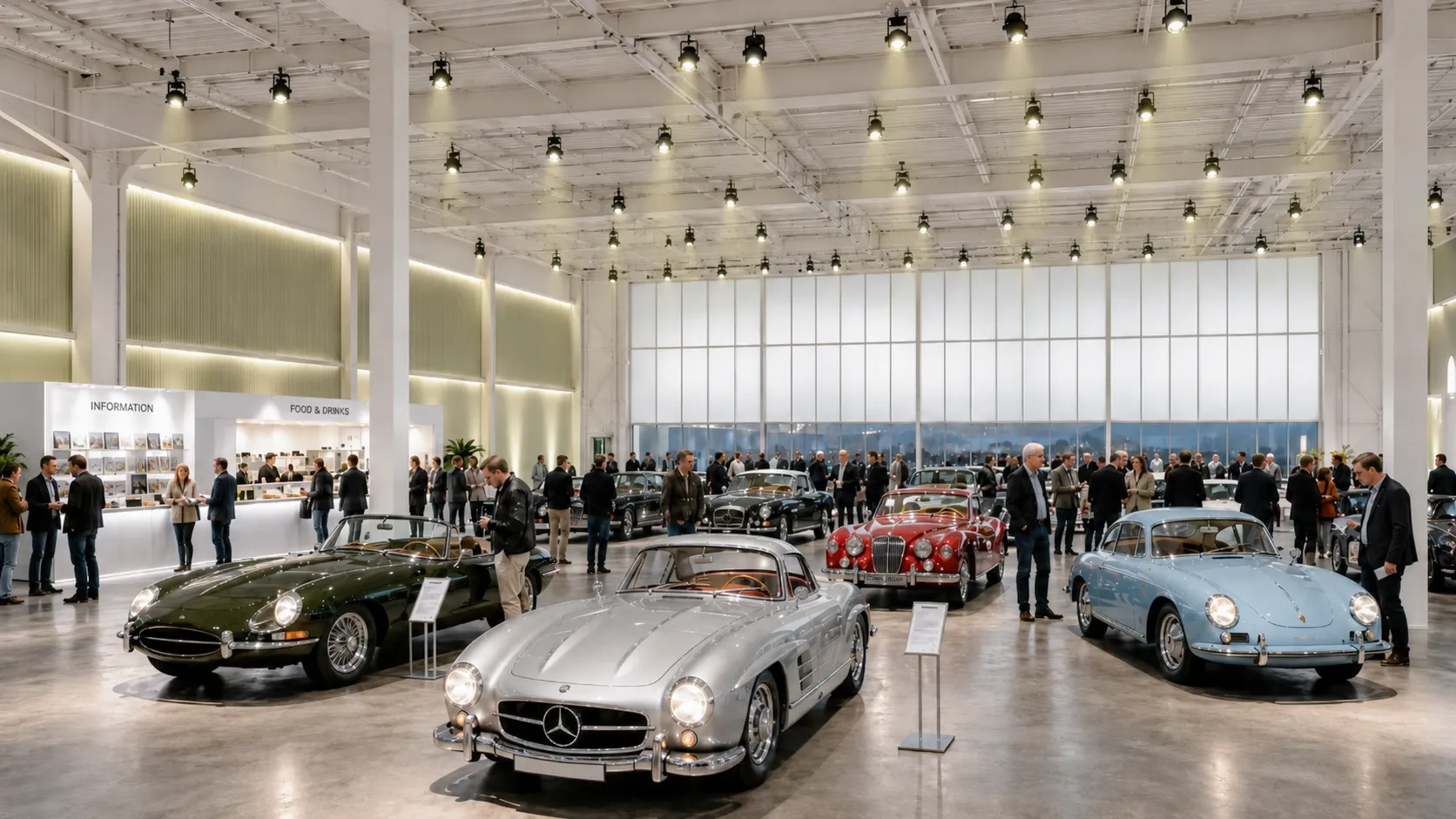 Ausstellung klassischer Sportwagen im lichtdurchfluteten Hangar, im Hintergrund Gäste im Gespräch