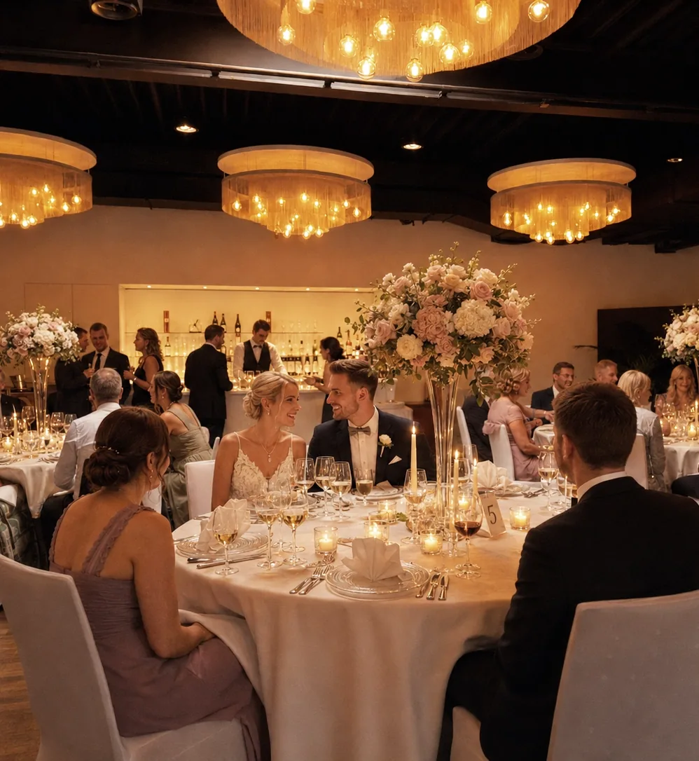 Festlich gedeckte Hochzeitstafel mit Kerzenlicht und Blumen bei aircraft