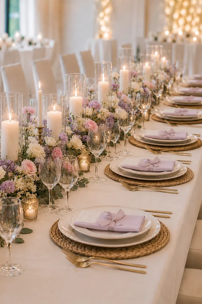 Festlich gedeckte Tafel mit zarten Blumenranken und goldenem Besteck