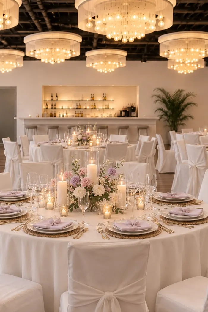 Festlich gedeckte Tafelrunde mit Kronleuchtern, Kerzen und zarten Blumenarrangements