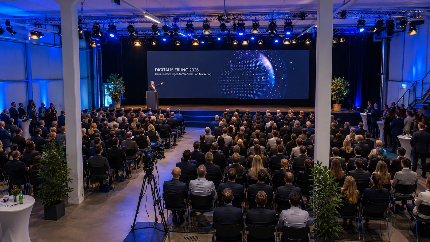 Firmenevent mit Bühnenpräsentation vor großem Publikum bei aircraft
