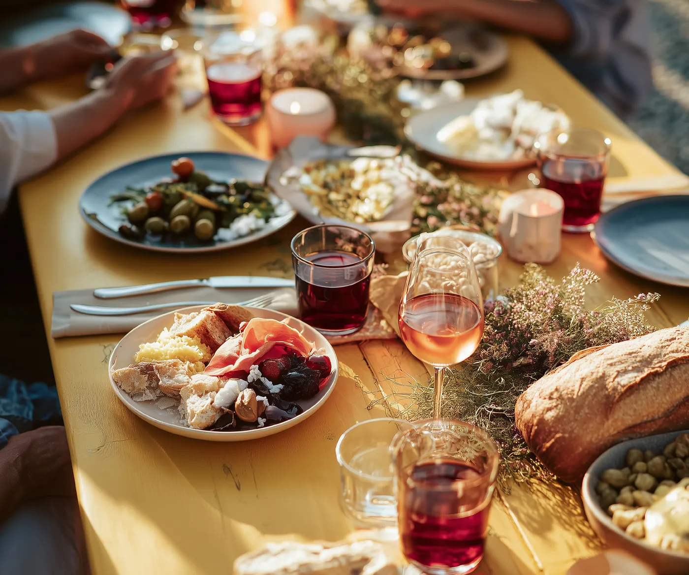 Gedeckter Tisch mit Wein und Schwarzwälder Vesperplatte zum gemeinsamen Ausklang