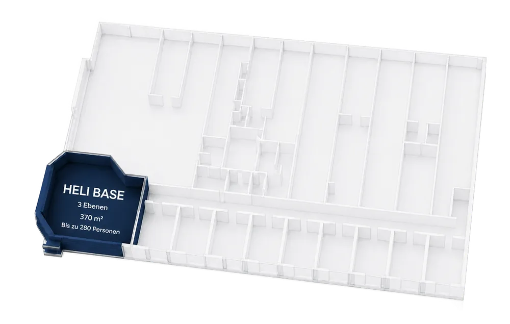 Grundriss-Grafik Heli Base, 3 Ebenen, 370 m², bis zu 280 Personen