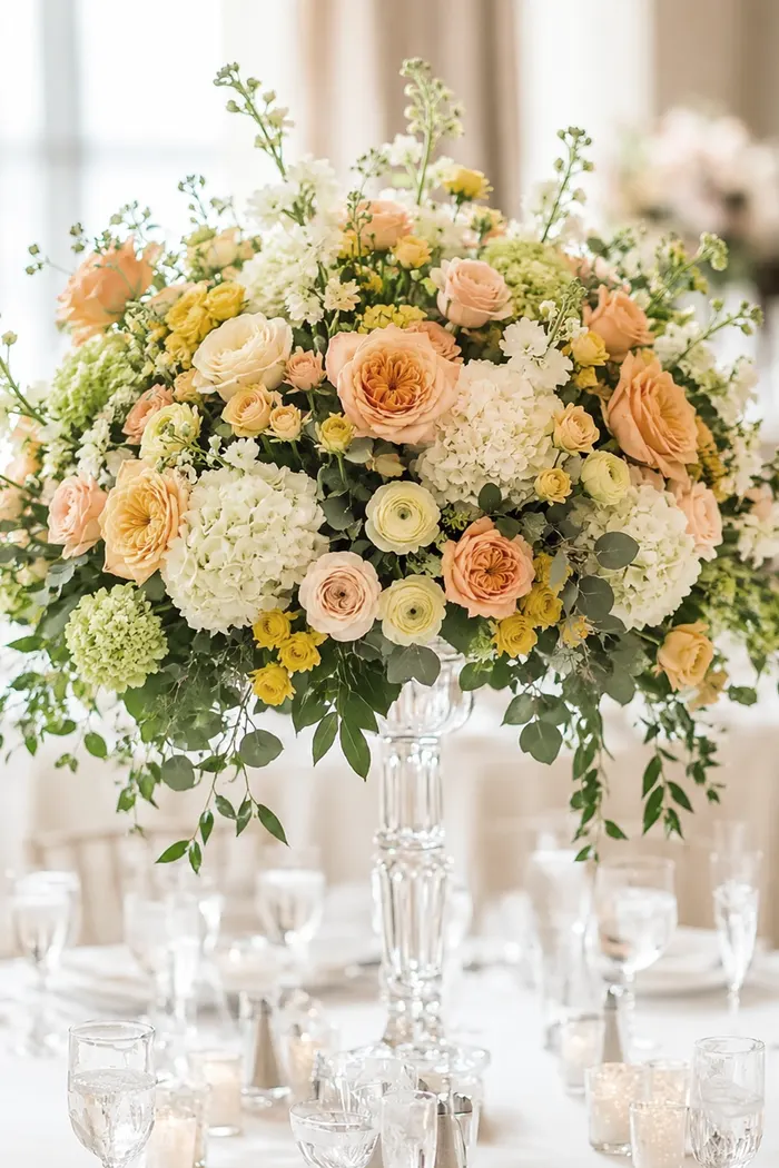 Hohes Blumengesteck in Pfirsich- und Cremetönen auf festlich gedeckter Tafel