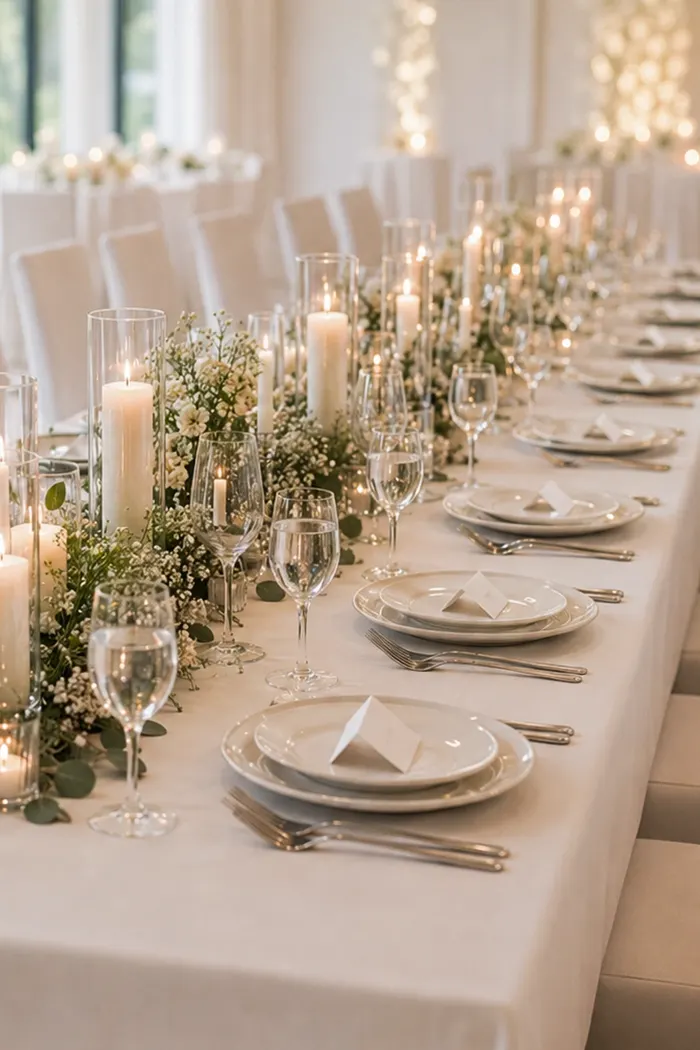 Lange festlich gedeckte Tafel mit Kerzen und weißen Blumen