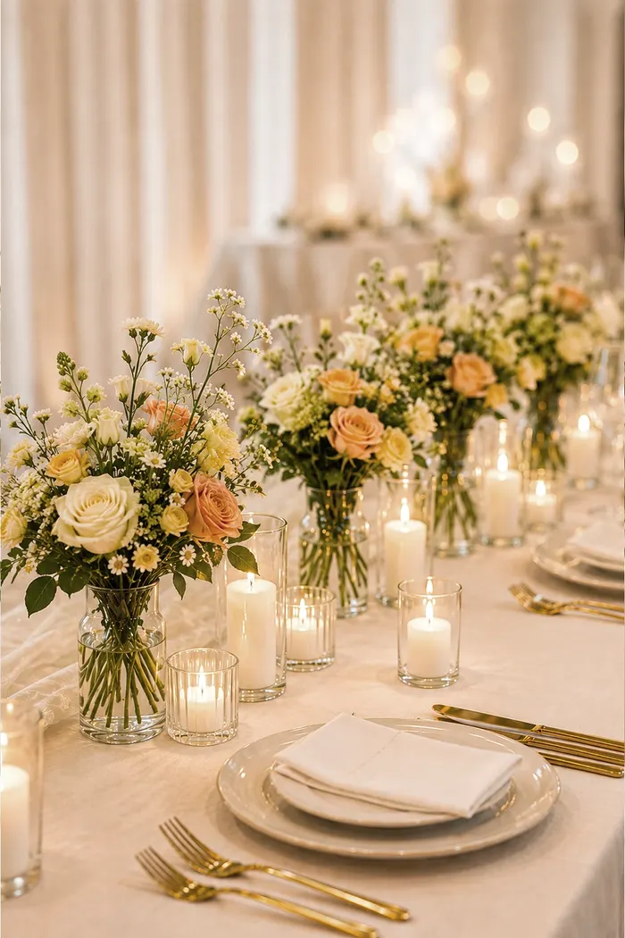 Lange Tafel mit üppigen Blumengestecken und Kerzenlicht