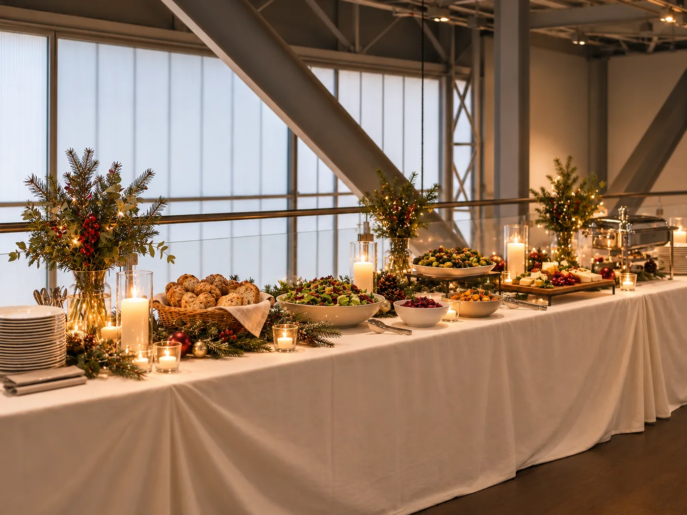 Festlich gedecktes Weihnachtsbuffet mit Brot, Salaten und weihnachtlicher Tannendekoration