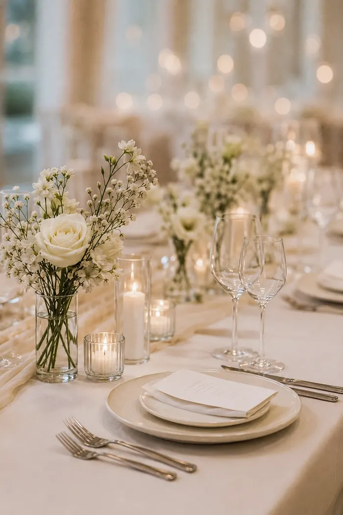 Zarte weiße Blumen, Kerzen und edles Gedeck auf der festlich gedeckten Tafel